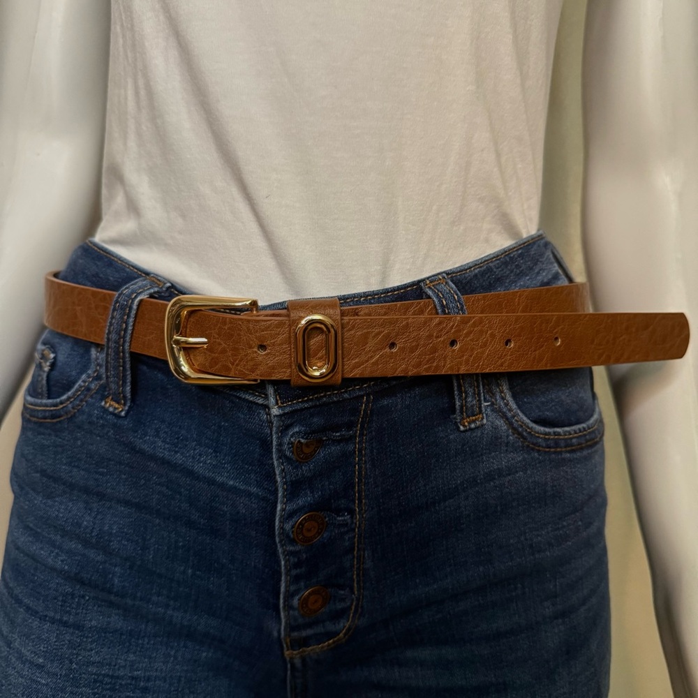Brown PU distressed leather skinny belt with minimalist gold tone buckle